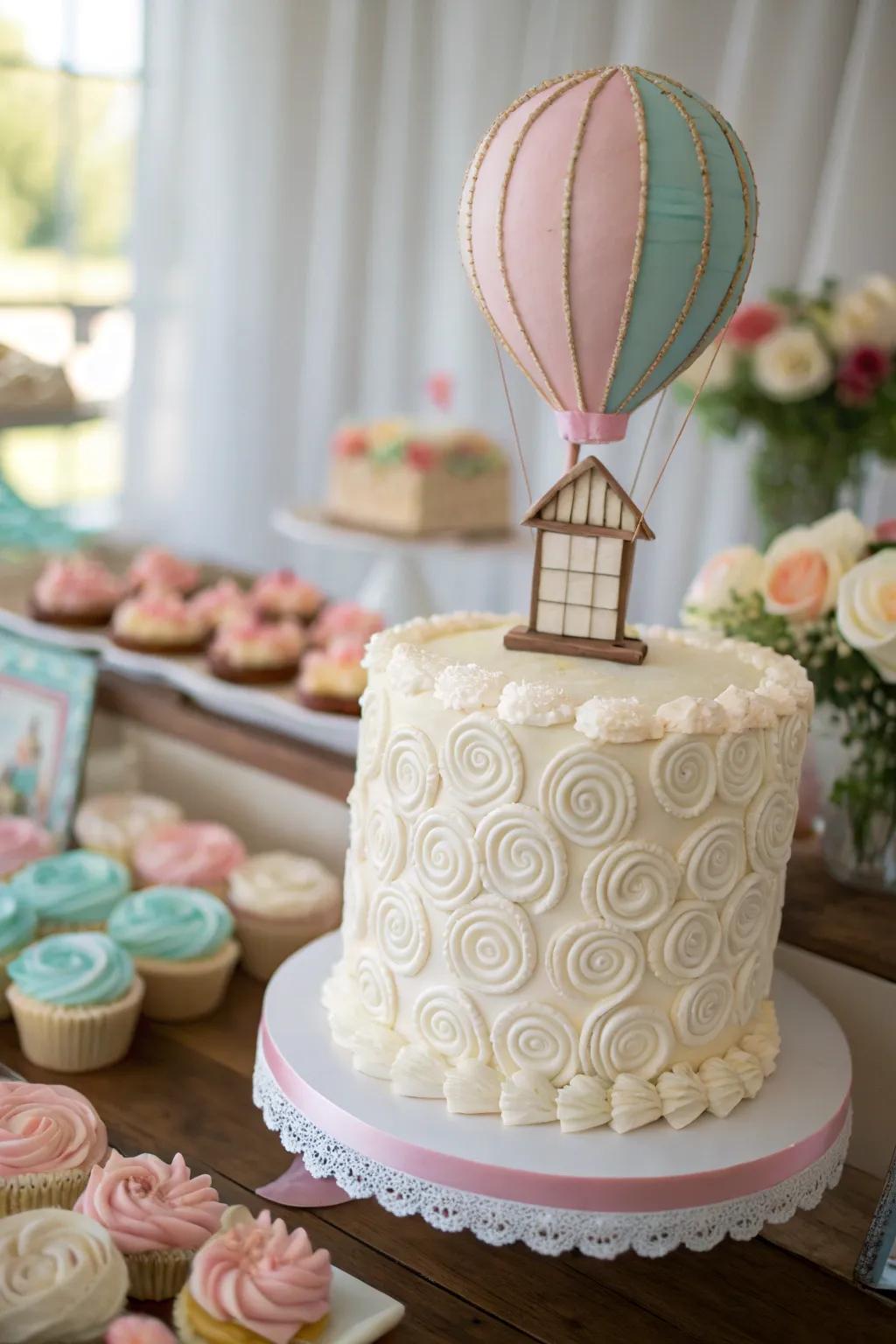 A darling cake embellished through a hot air balloon sculpture.