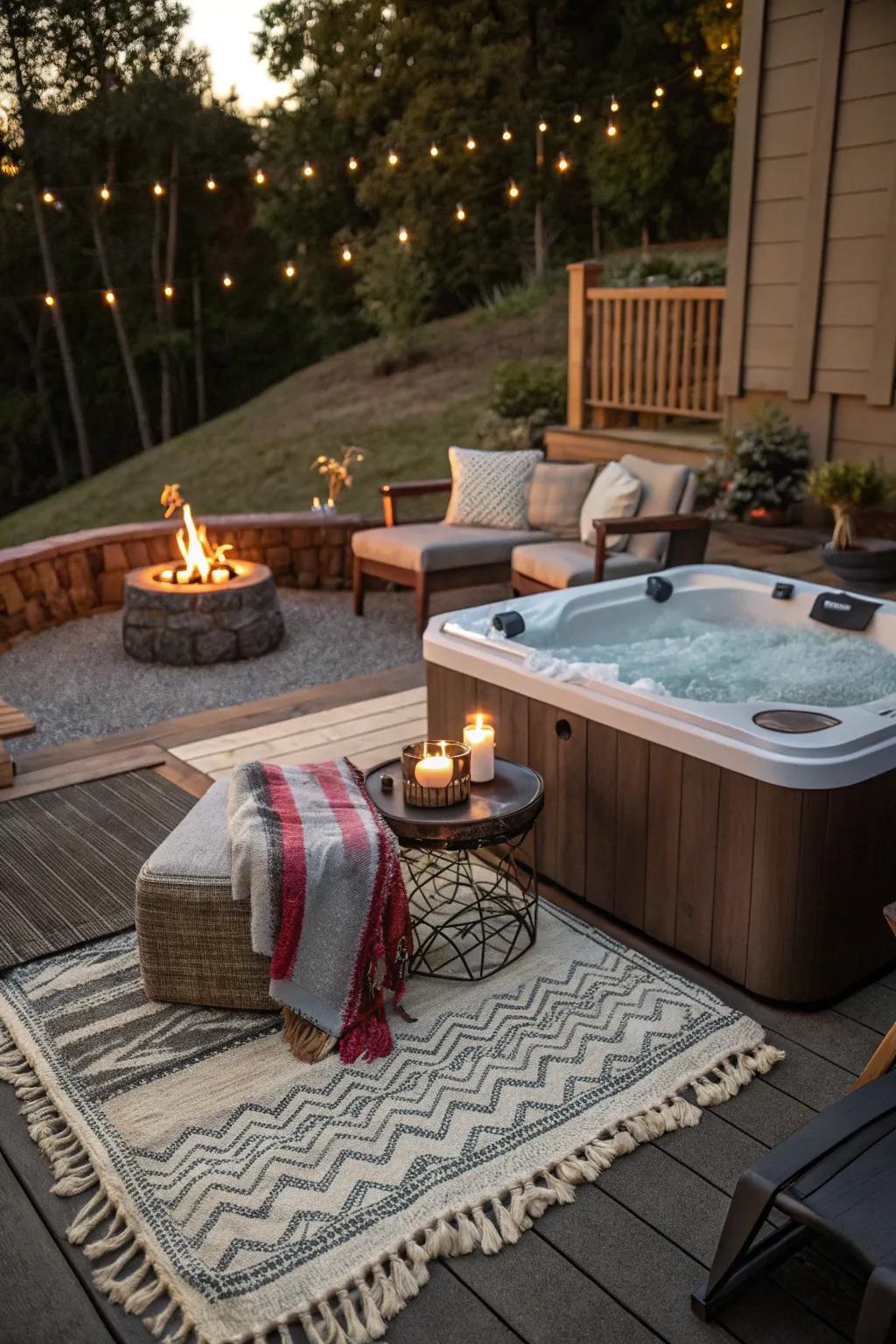 A fire pit introduces warmth and appeal to the <strong><em>hot tub</em></strong> area.” loading=”lazy” class=”pimg”>
	</picture><figcaption>A fire pit introduces warmth and appeal to the <strong><em>hot tub</em></strong> area.</figcaption></figure>
<p>Incorporate a fire pit or outdoor hearth nearby for a snug and inviting ambiance. I relish how the warmth of a fire enhances the comforting waters of the <strong><em>hot tub</em></strong>.</p>
<h3>Some handy options:</h3>
<ul class=