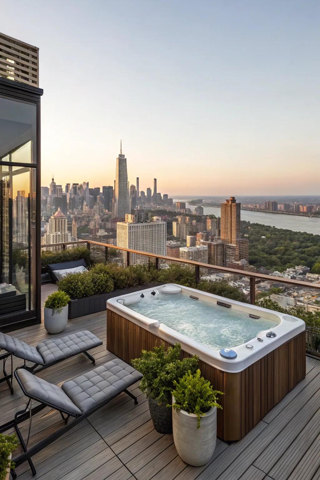 A rooftop hot tub deck delivers breathtaking vistas and a serene escape.