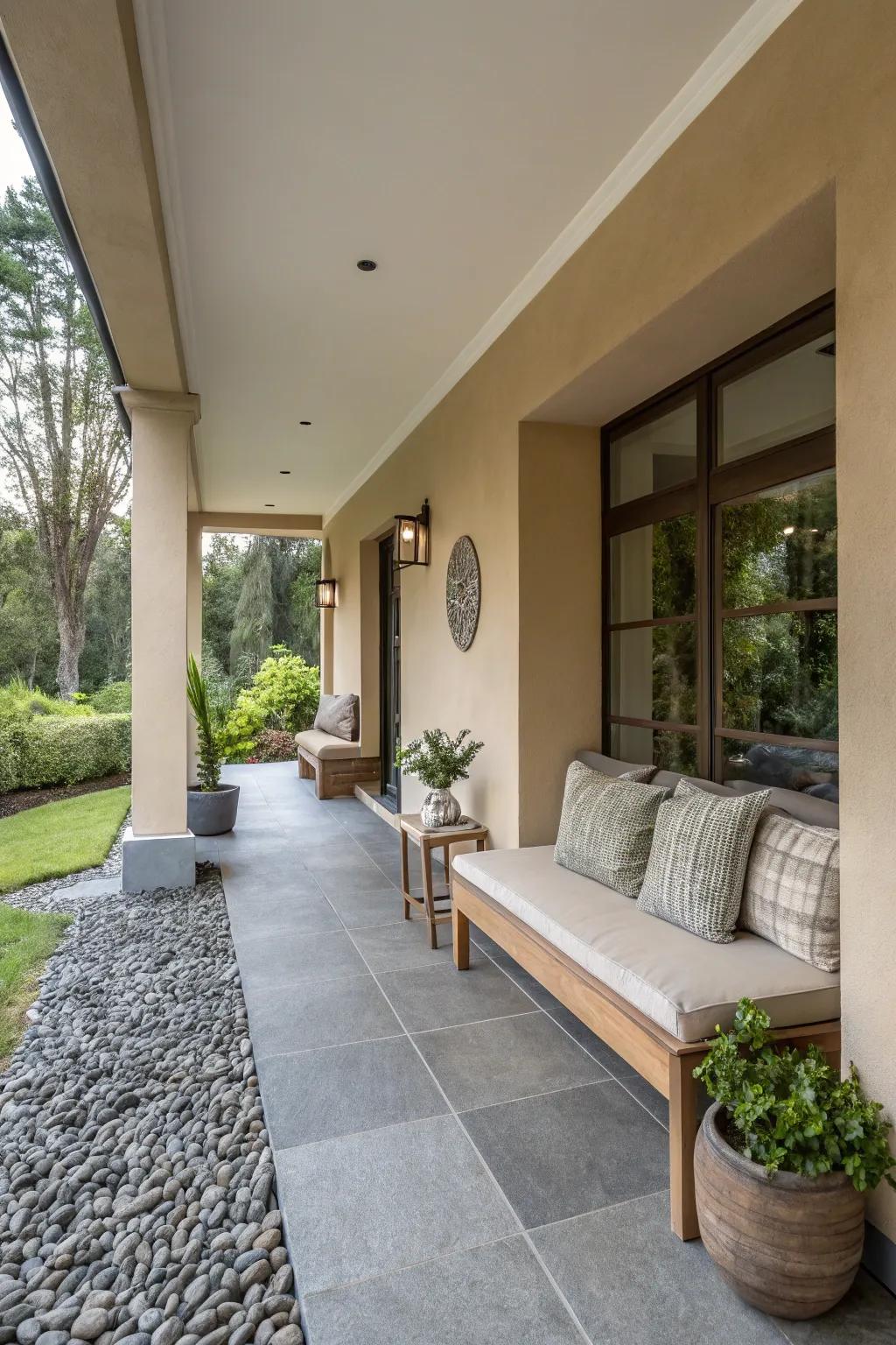 Harmonious neutral colors define this modern porch design.
