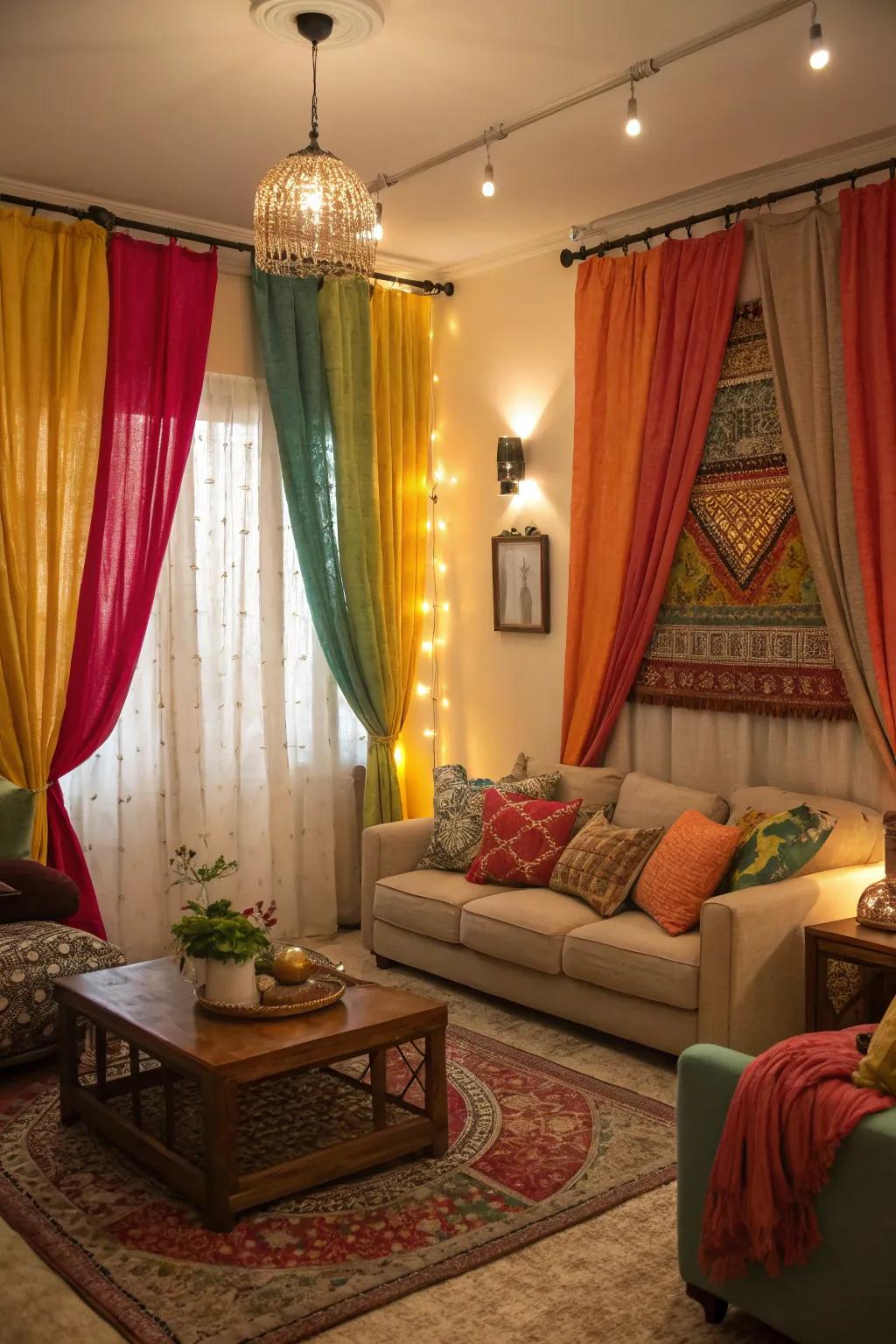 Infuse warmth and texture with vibrant drapes and textiles.