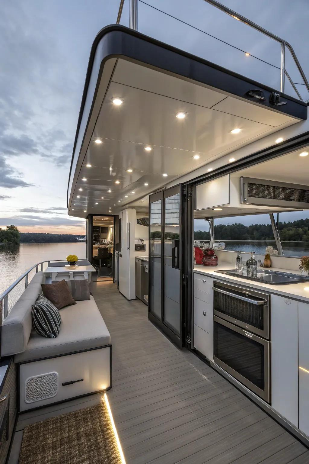 This houseboat's comfort is improved by its contemporary conveniences.