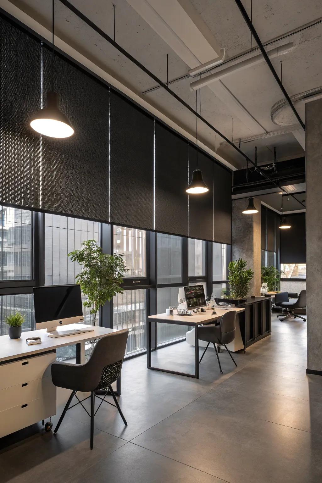 Darkening roller shades provide a refined appearance while efficiently managing sunlight.