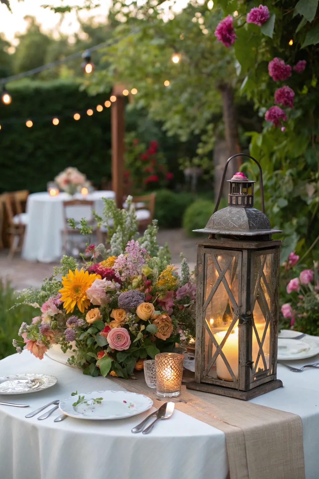 Whimsical garden celebration lantern centerpiece adorned with assorted flowers.