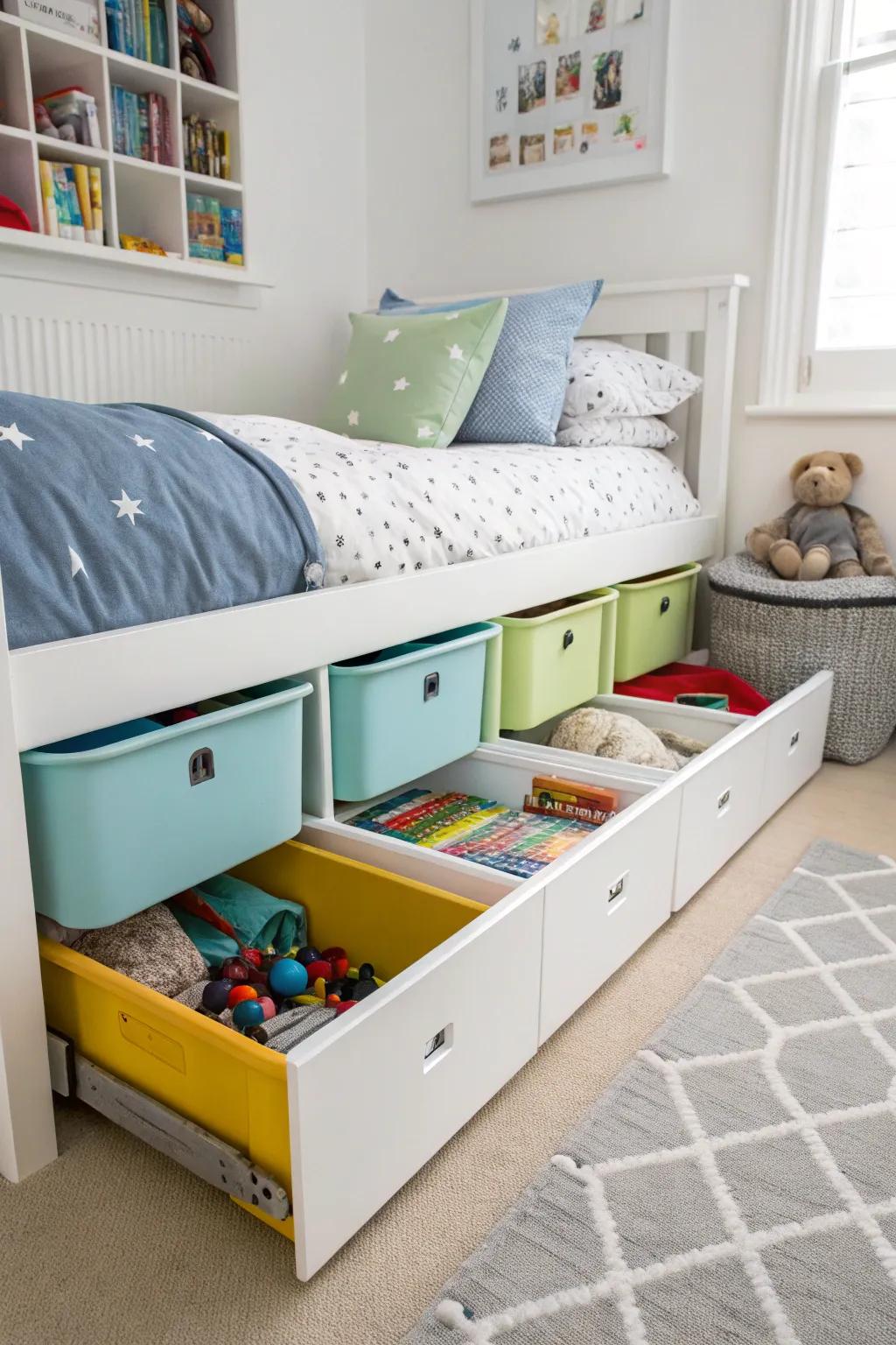 Under-bed storage helps keep less-used items out of the way but easy to grab.