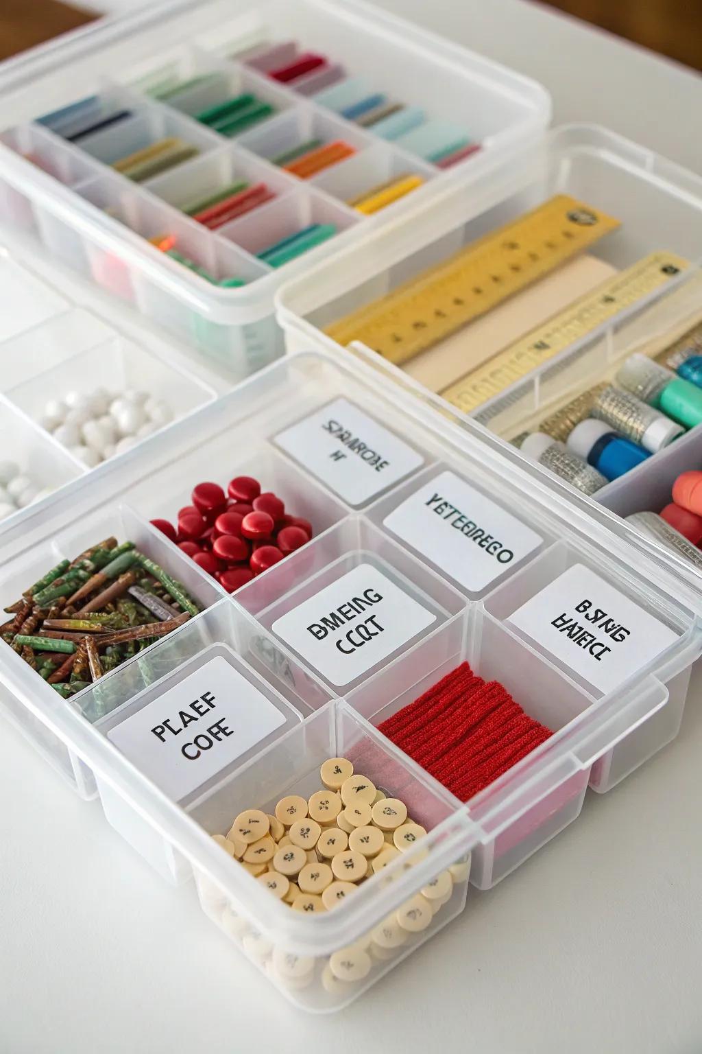 Plastic containers featuring labeled sections for organized storage.