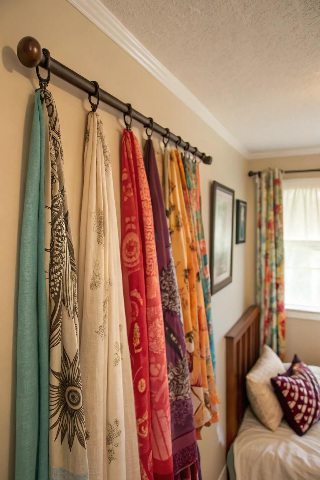 A wall display transforms scarves into vibrant home decor.