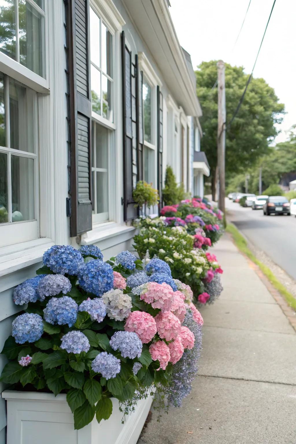 Sill boxes decorated with vibrant hydrangeas on a building facade.