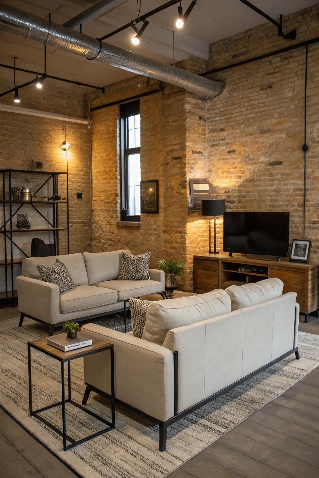 Minimalist furniture highlights the industrial character.