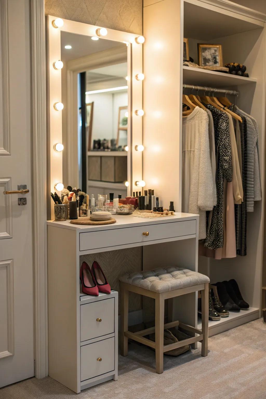 Give your closet a personal touch with a cozy vanity corner.