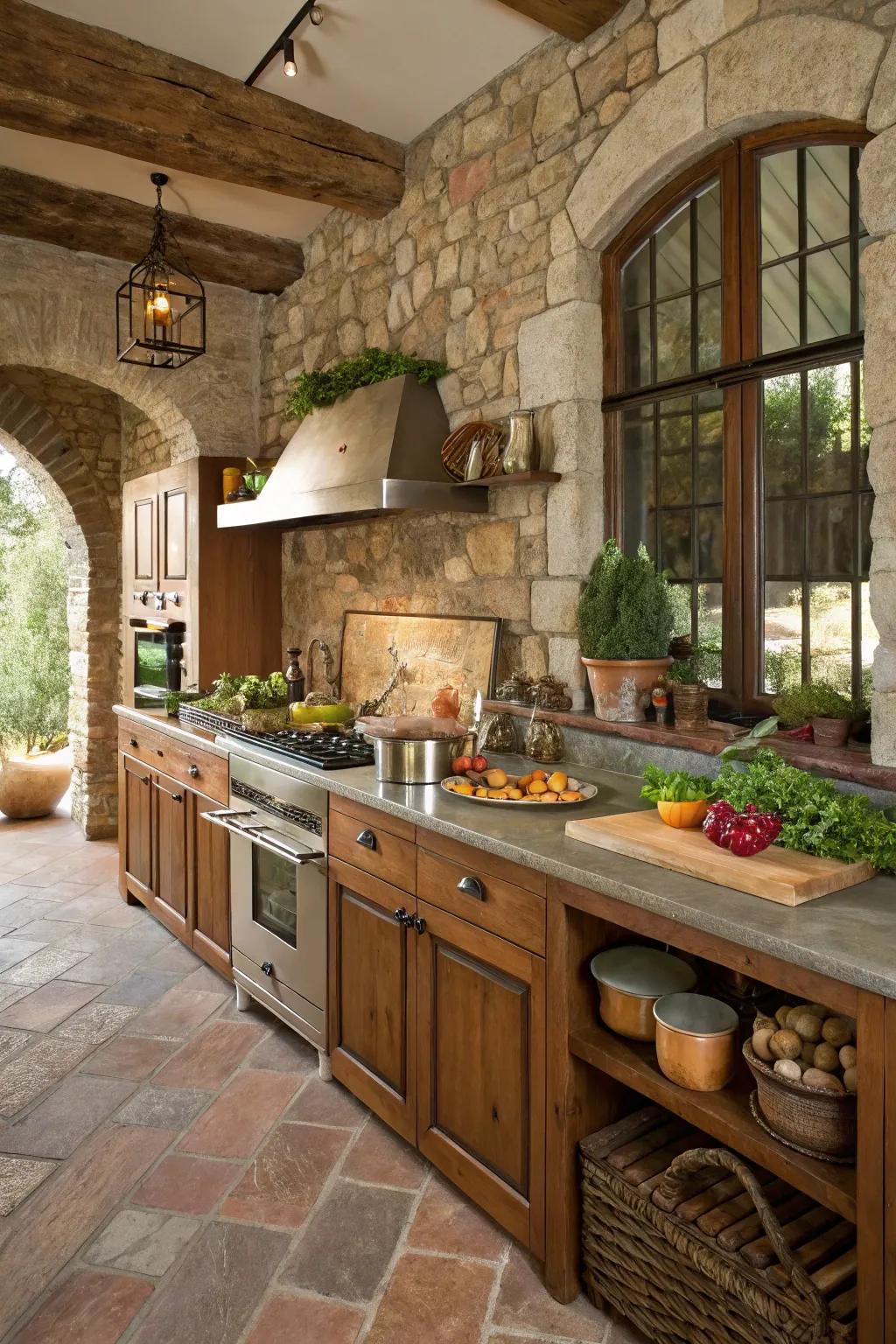 A harmonious mix of materials introduces texture to this culinary space.