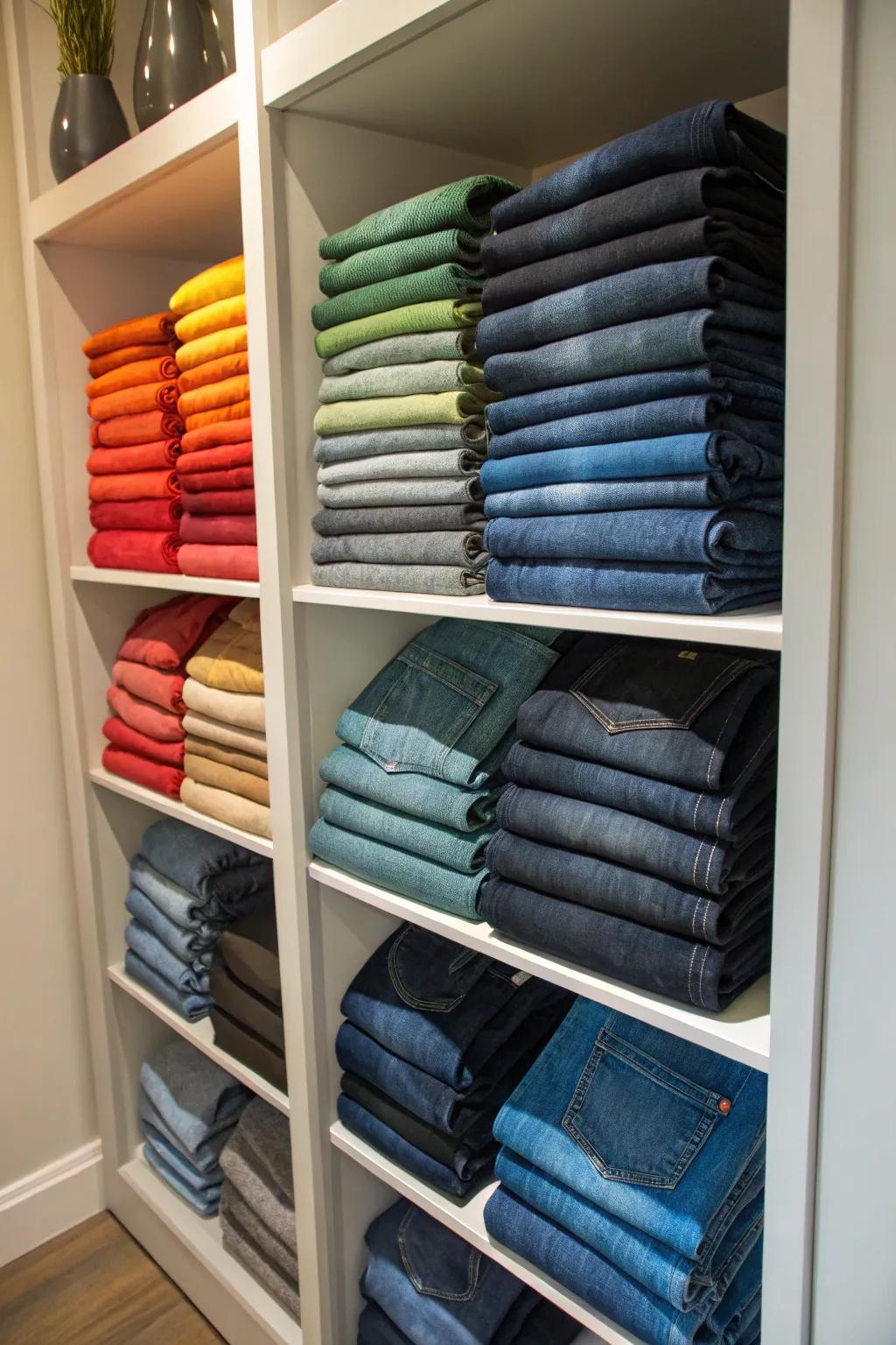 Turn a bookcase into a stylish jeans station.