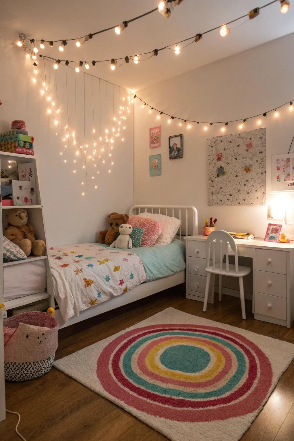 Small lights give the room a warm, enchanting radiance.