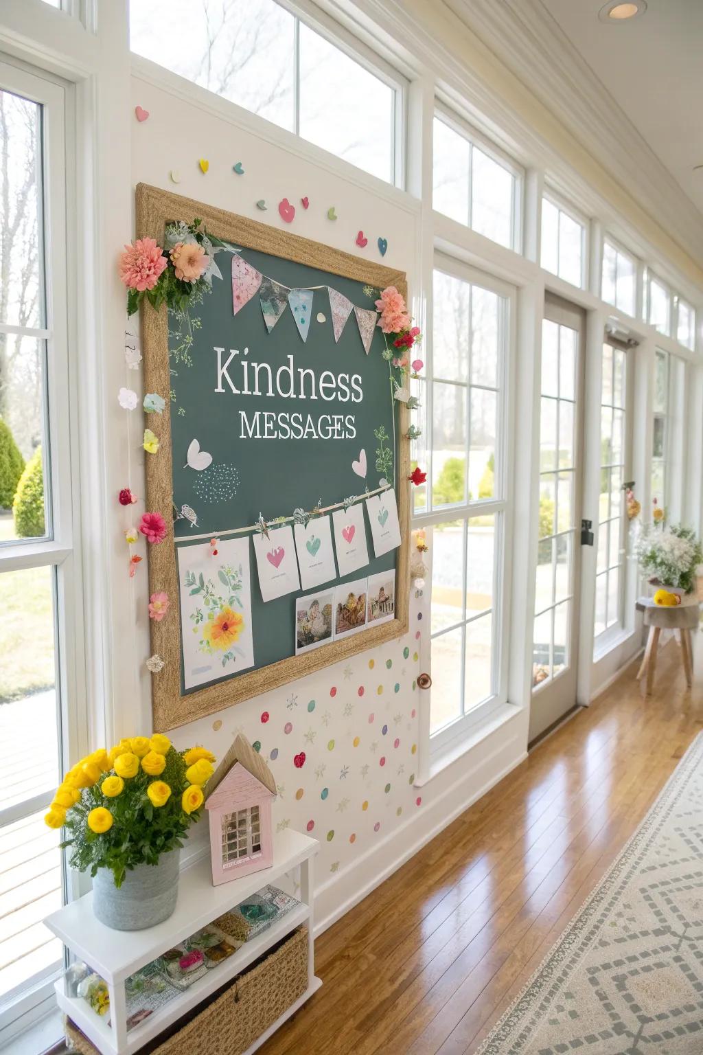 A bright room features a spring-themed kindness board, complete with seasonal adornments.