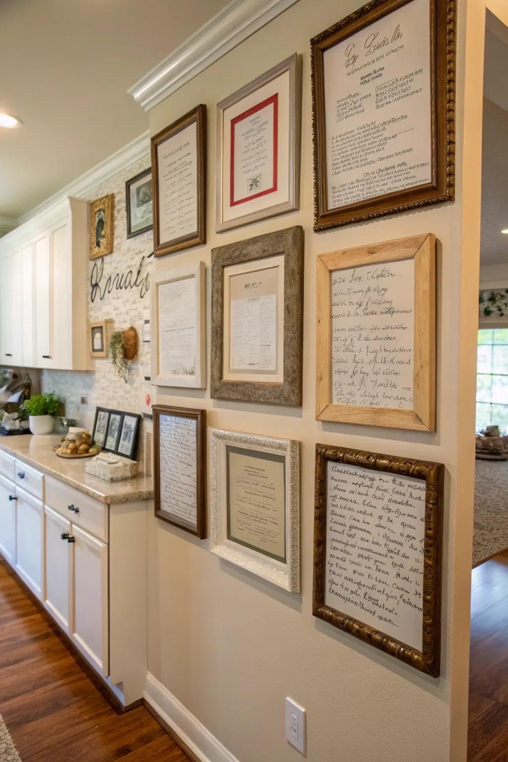 Framed family recipes offer a touching link to cherished moments and culinary heritage.