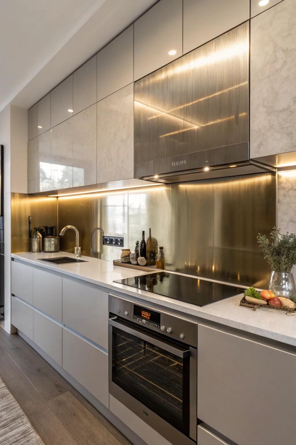 Metallic sheets offer a contemporary and reflective backsplash alternative.