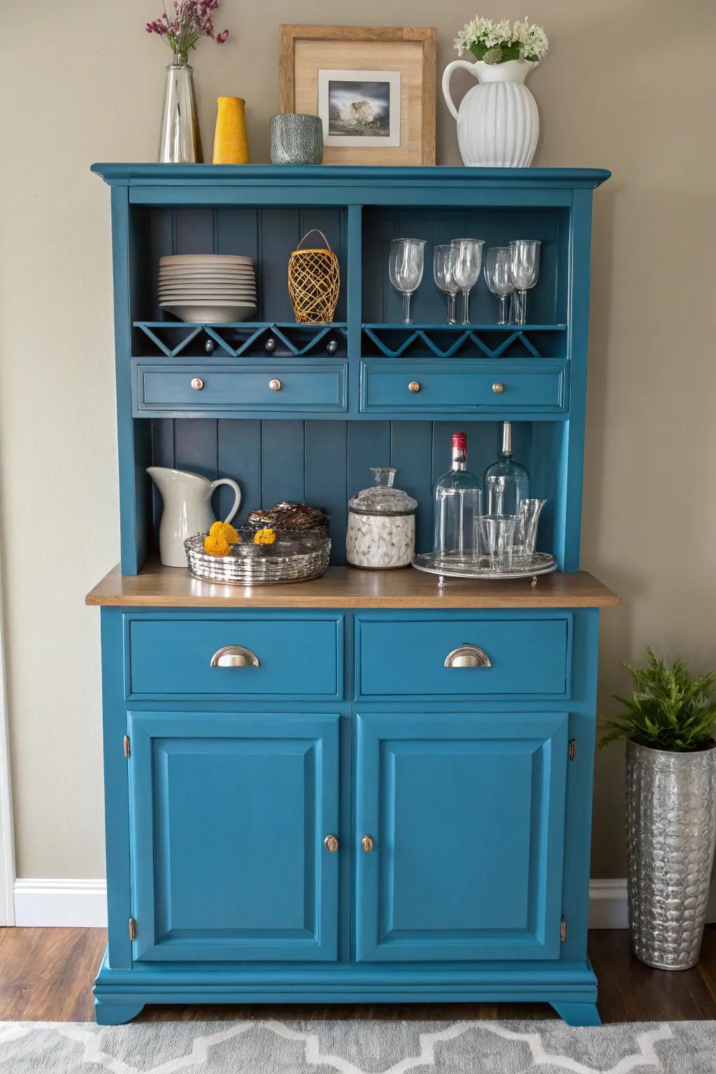 A colorful bar cabinet introduces a cheerful mood to the kitchen.