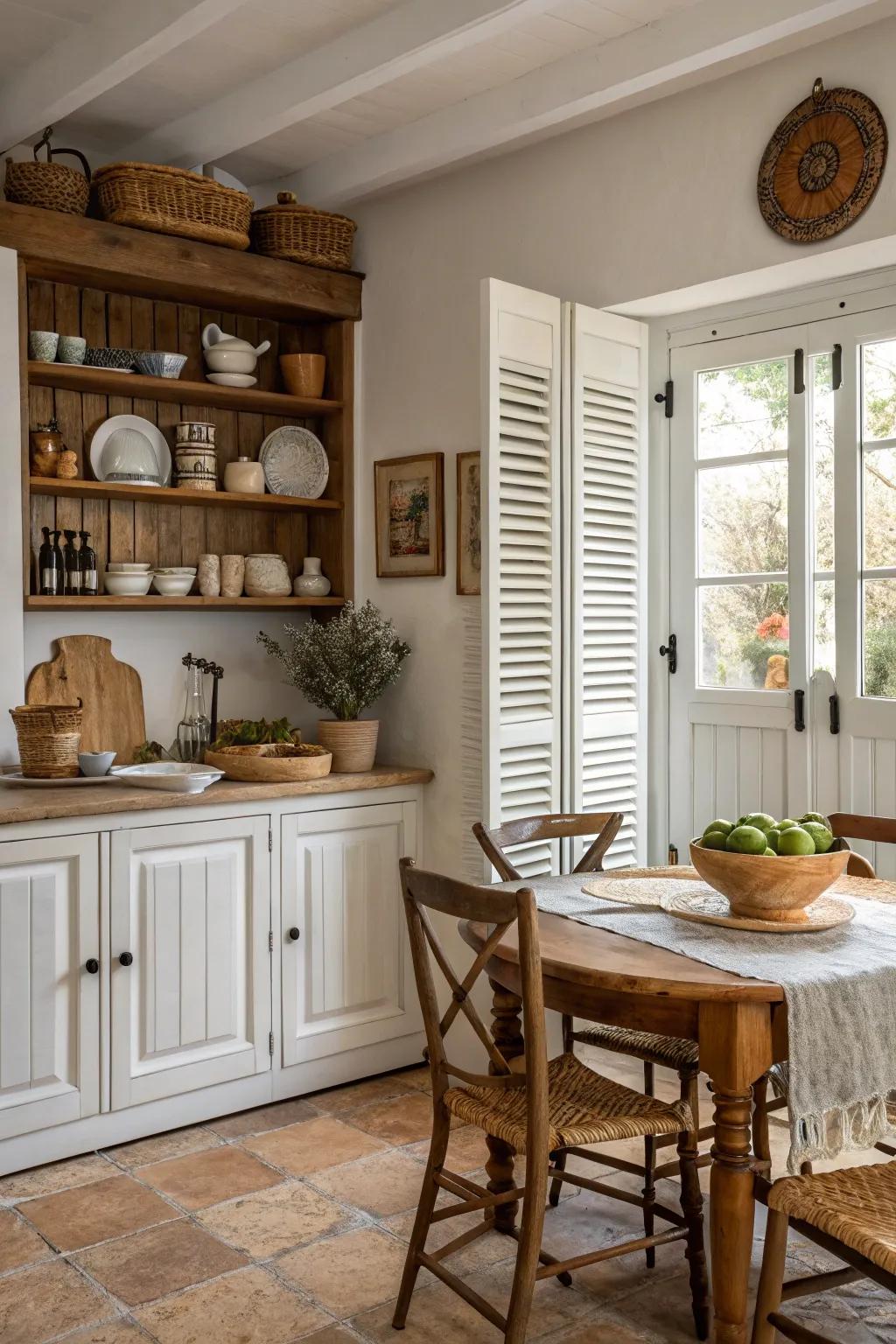 Farmhouse style shutters bring rustic charm to your kitchen.