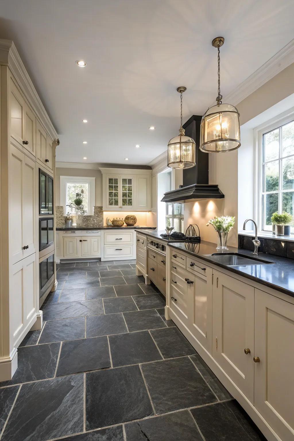 Dark stone tiles impart spectacle and sophistication.