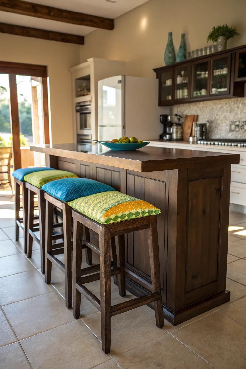 Vivid <strong><em>softs</em></strong> enliven your kitchen island seating.” loading=”lazy” class=”pimg”>
	</picture><figcaption>Vivid <strong><em>softs</em></strong> enliven your kitchen island seating.</figcaption></figure>
<p>Pour some character into your kitchen by scattering colorful <strong><em>softs</em></strong> on your island seating. It’s a straightforward maneuver I use to interject energy without any lasting commitment.</p>
<h3>A few helpful options:</h3>
<ul class=