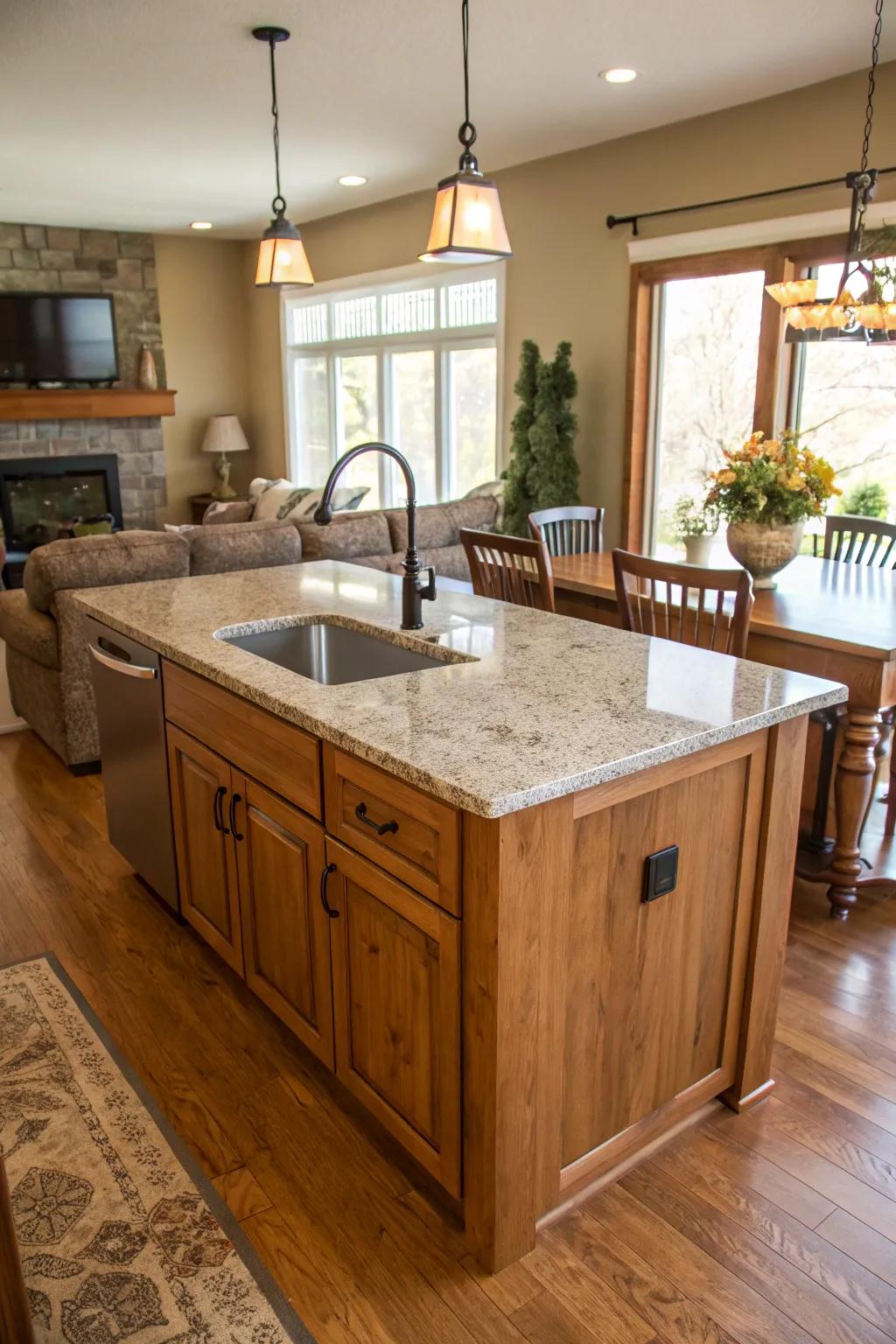 A stunning kitchen island design, showcasing a harmonious blend of wood and stone.