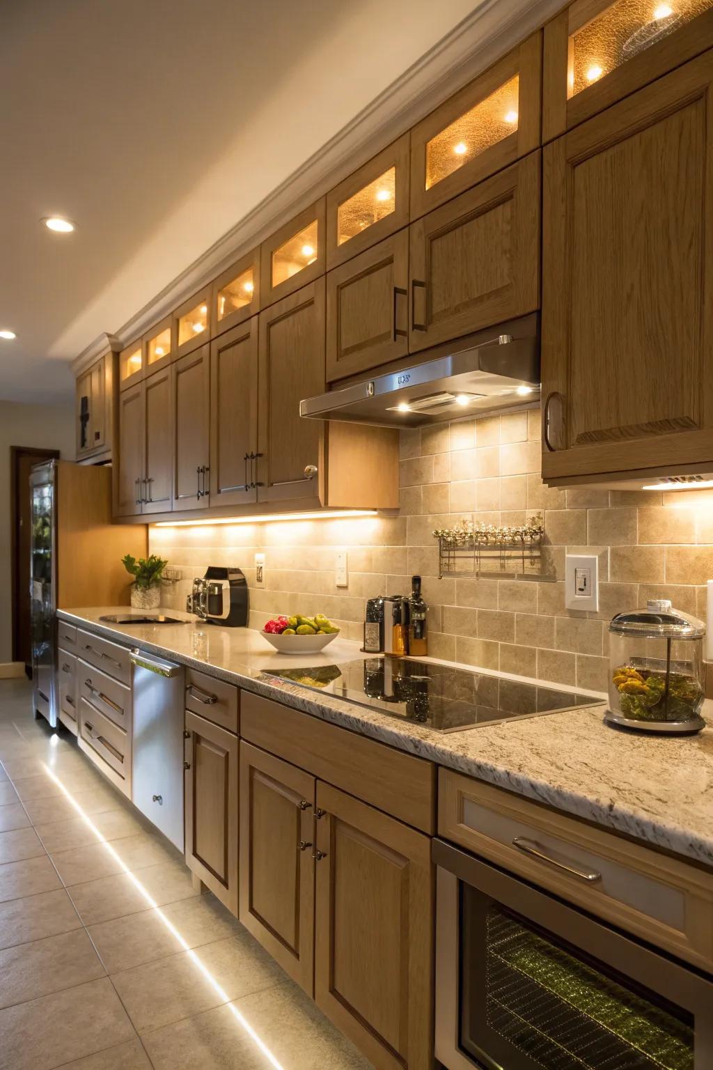 Undercabinet rail lights generate a cozy kitchen setting.