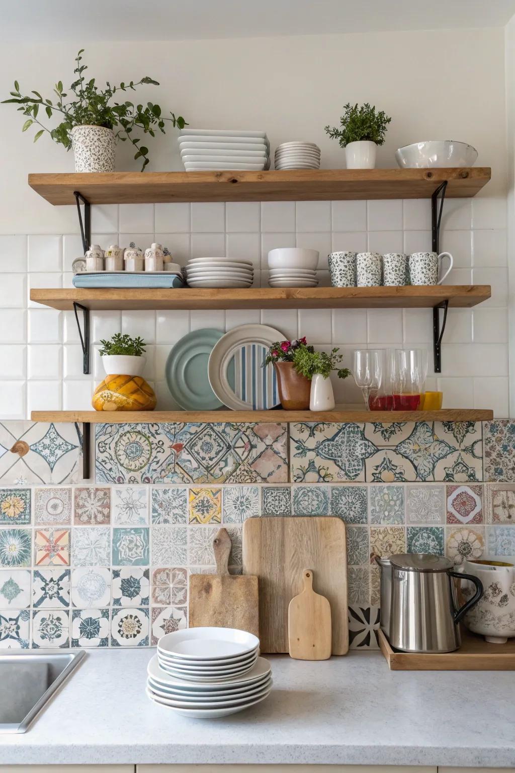 Display shelving set against chic coverings results in an accessible and airy kitchen.