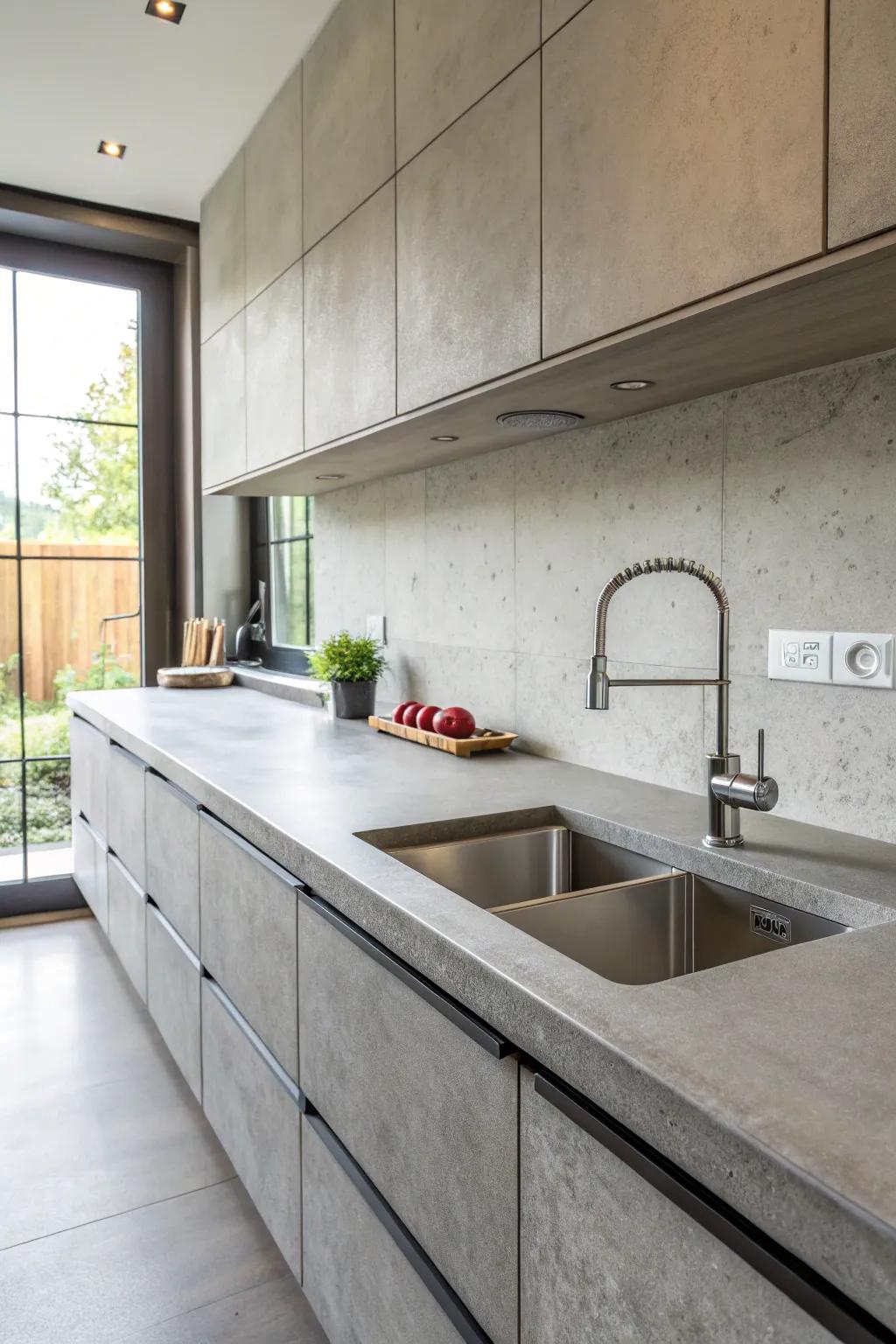 A cooking area where cement worktops connect easily with the sink and backsplash.