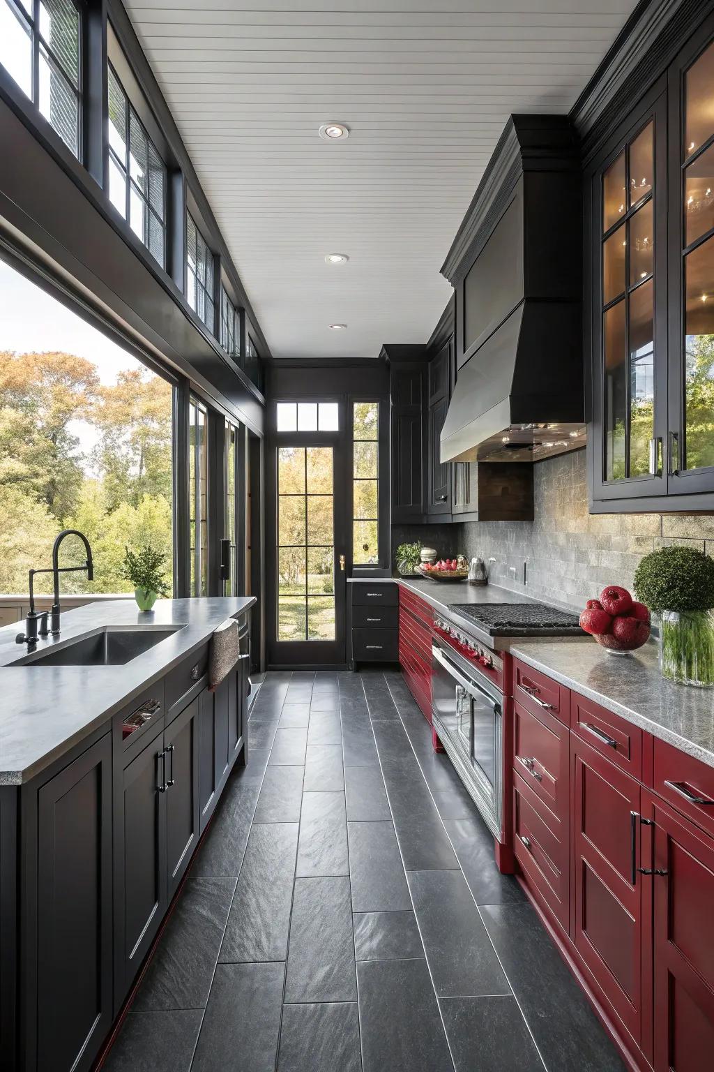 Dim cabinets synergizing with dark floors to manifest a dramatic and bold kitchen design.