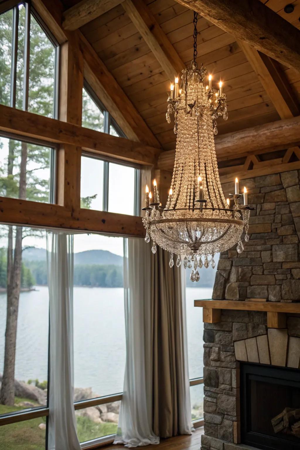 Hanging lights contribute an element of elegance to rustic decor.