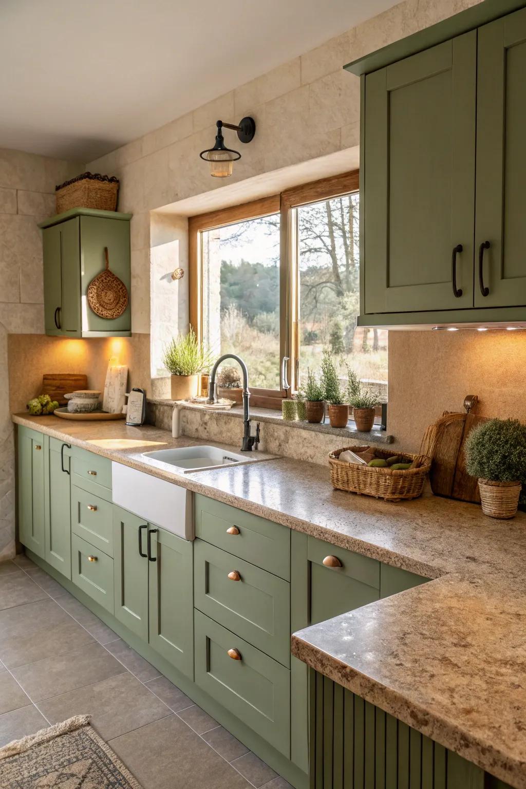 Earth-shade surfaces provide an inviting and cozy cooking ambiance.