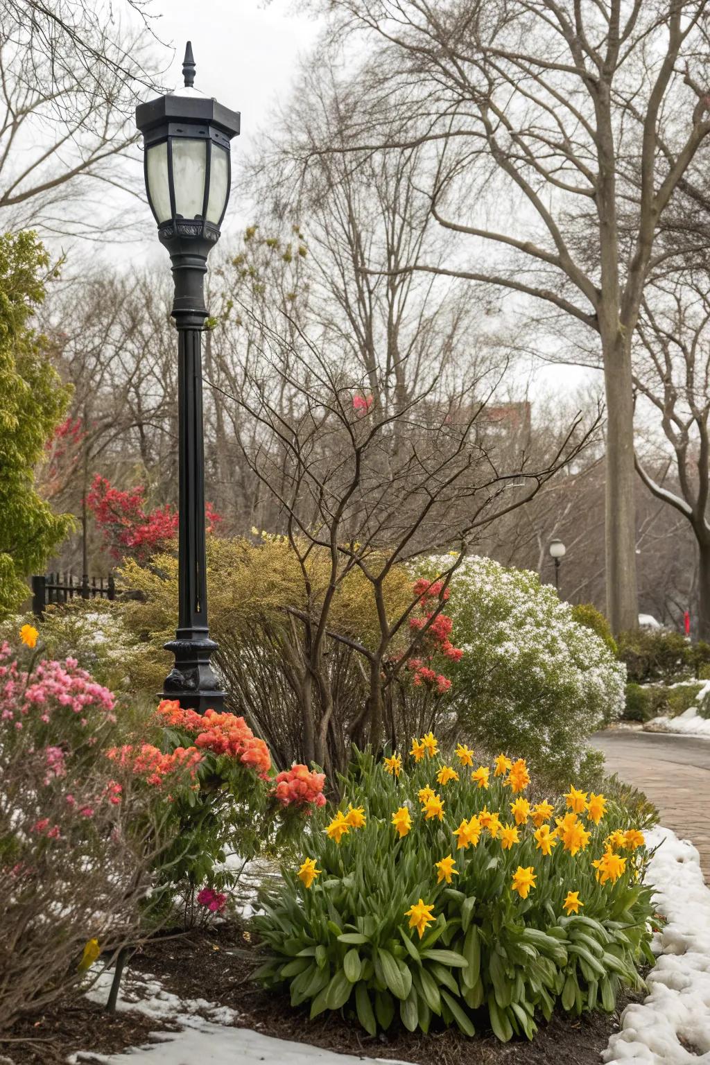 Seasonal plants delivering dynamic changes to a lamp post setting.