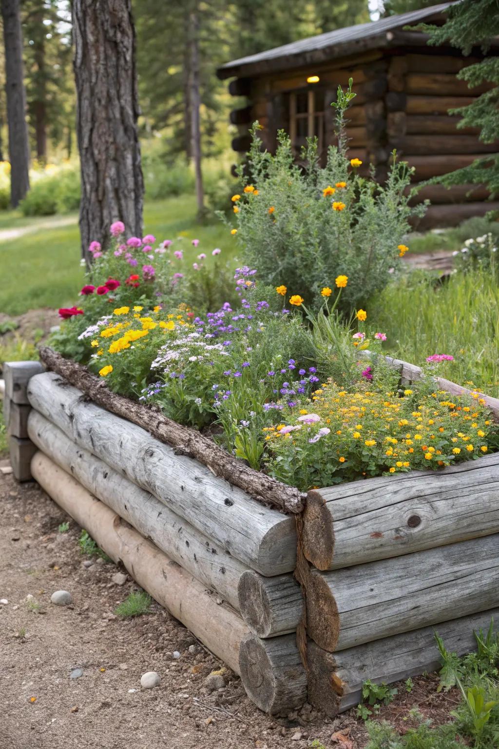 Tree trunks bring a natural, woodsy feel to your garden's raised beds.