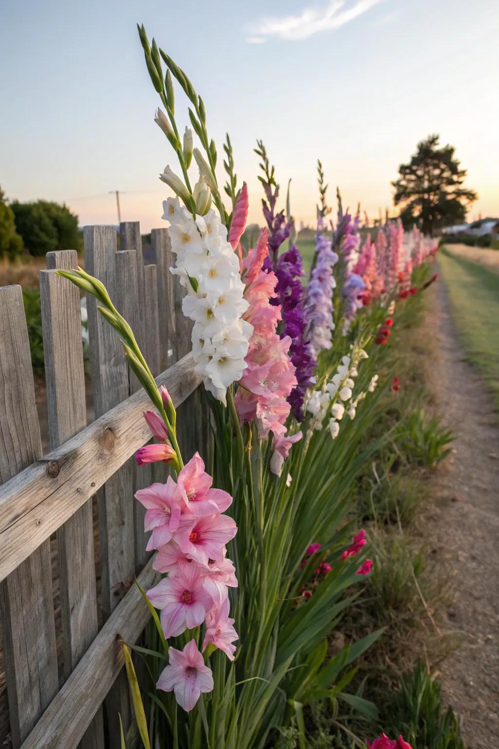 Gladiolus makes a gorgeous backdrop along a rustic fence.