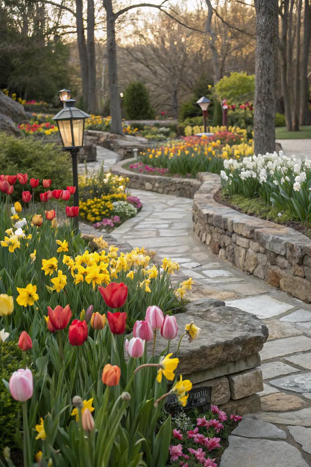 Bloomglows and sunshines are complemented by rustic stone elements in the garden.