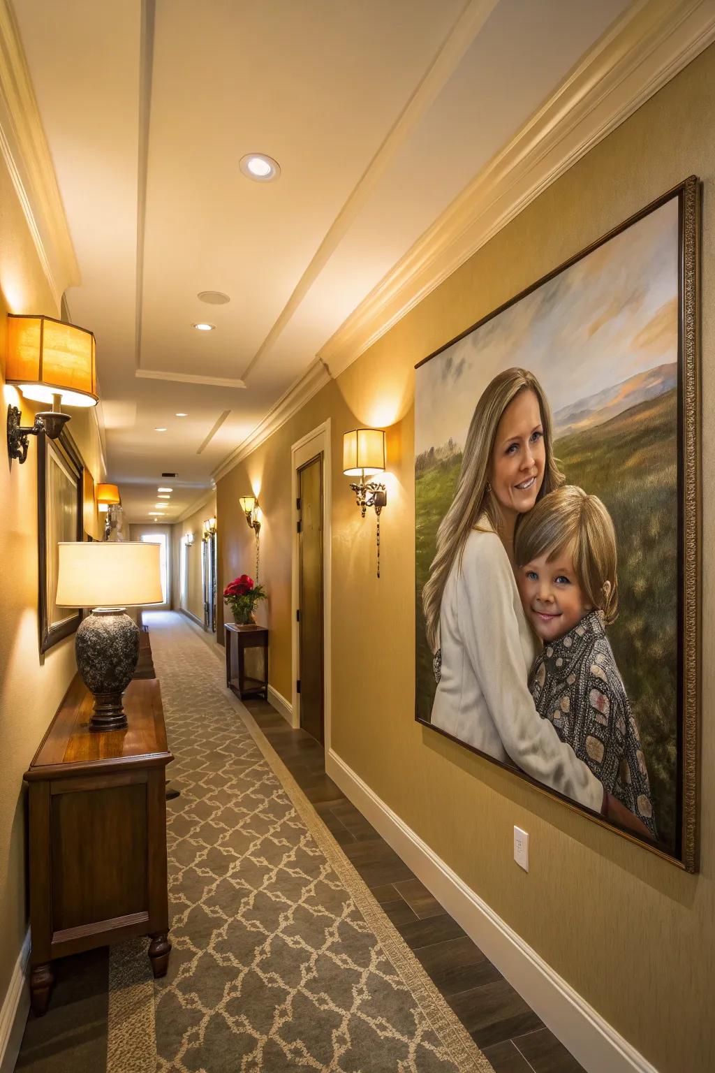 A tailored portrait painting adds a heartfelt element to the residence.