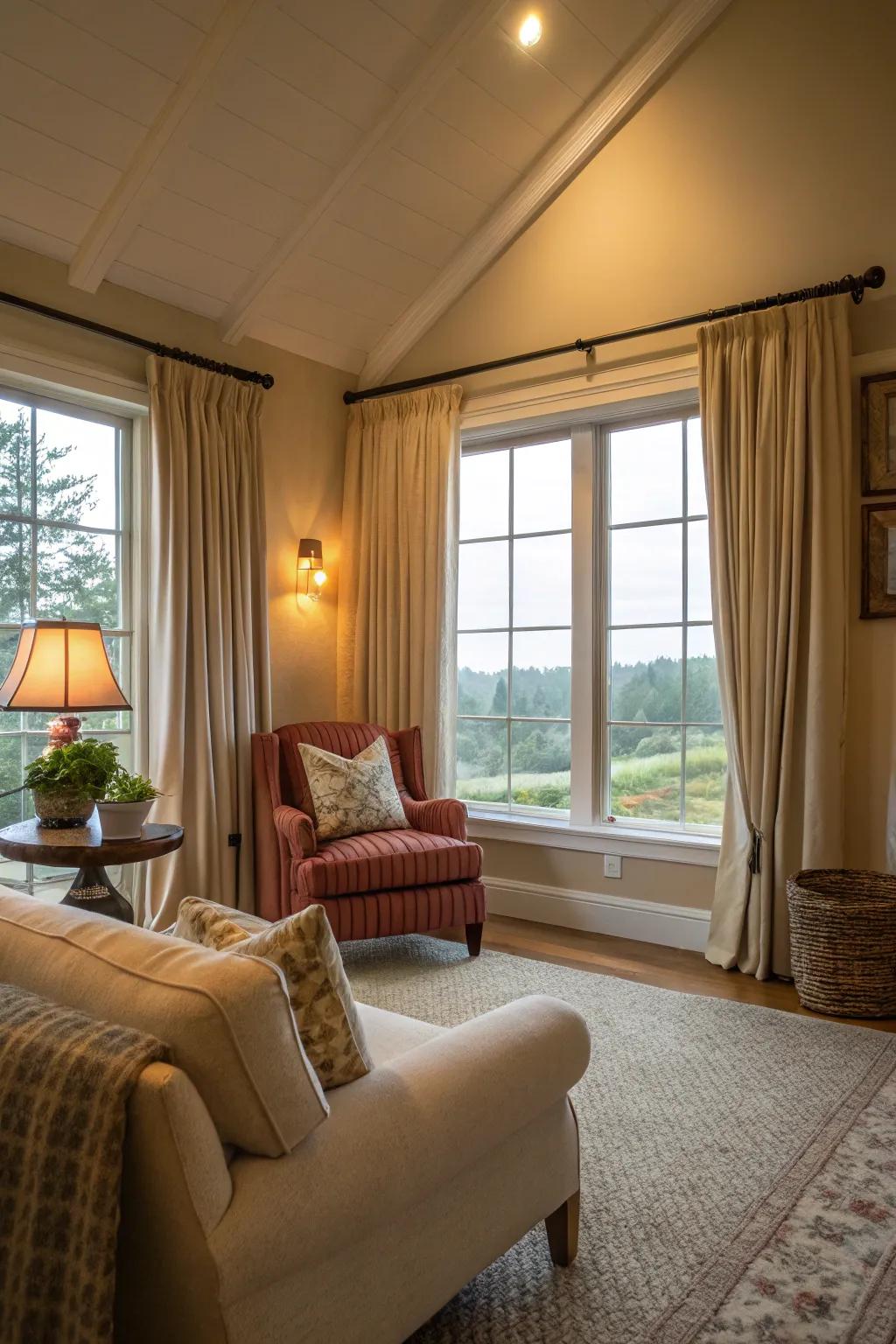 Loop-top curtains create a relaxed vibe.