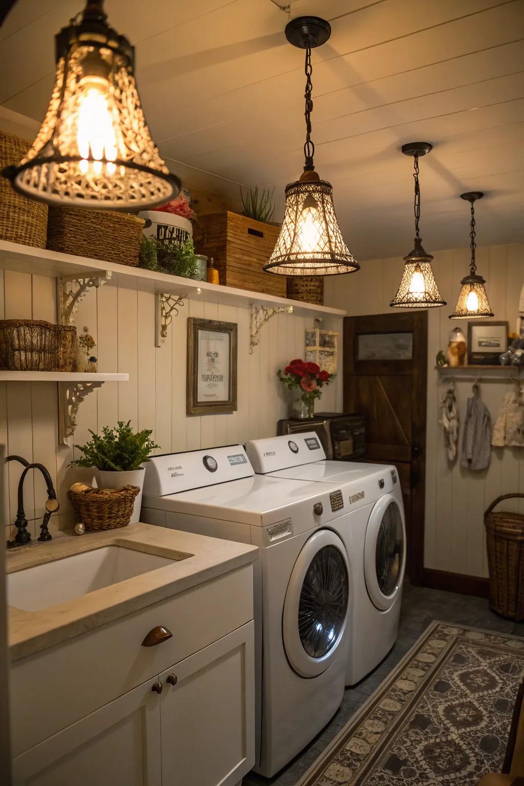Vintage illumination fixtures infuse your laundry area with character and warmth.
