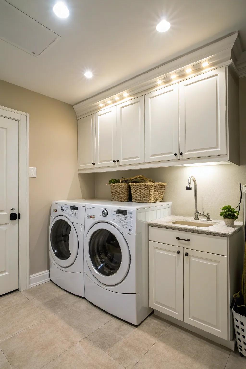 With under-cabinet lighting, brighten your laundry room.