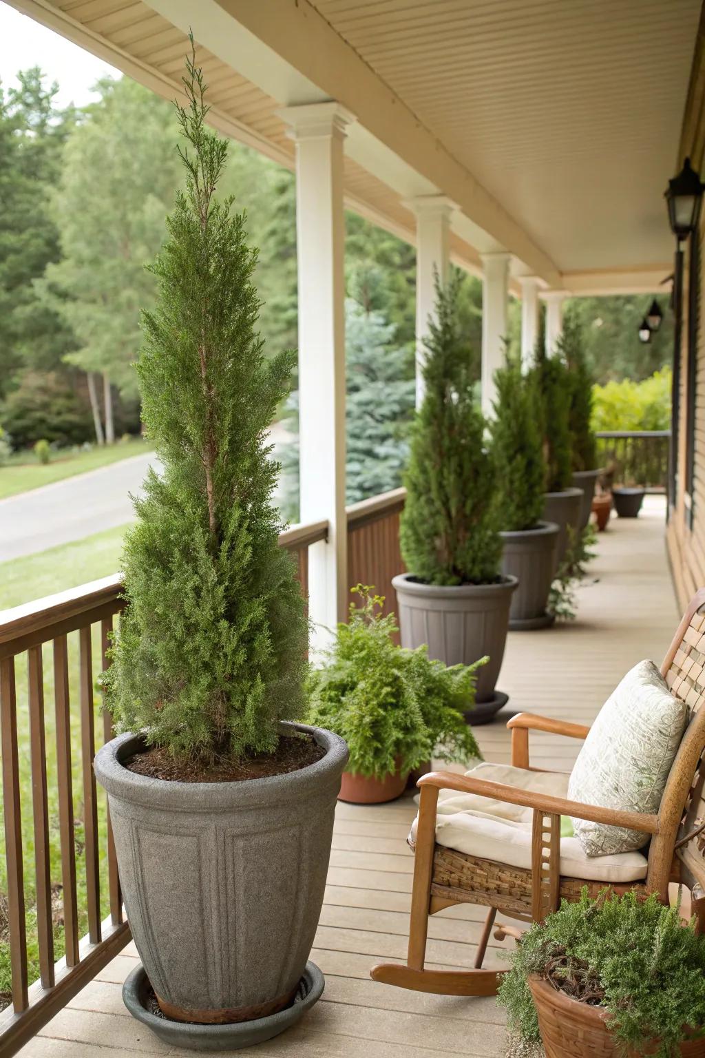 Add elegance to your entryway with potted Skyline Sentinel trees.