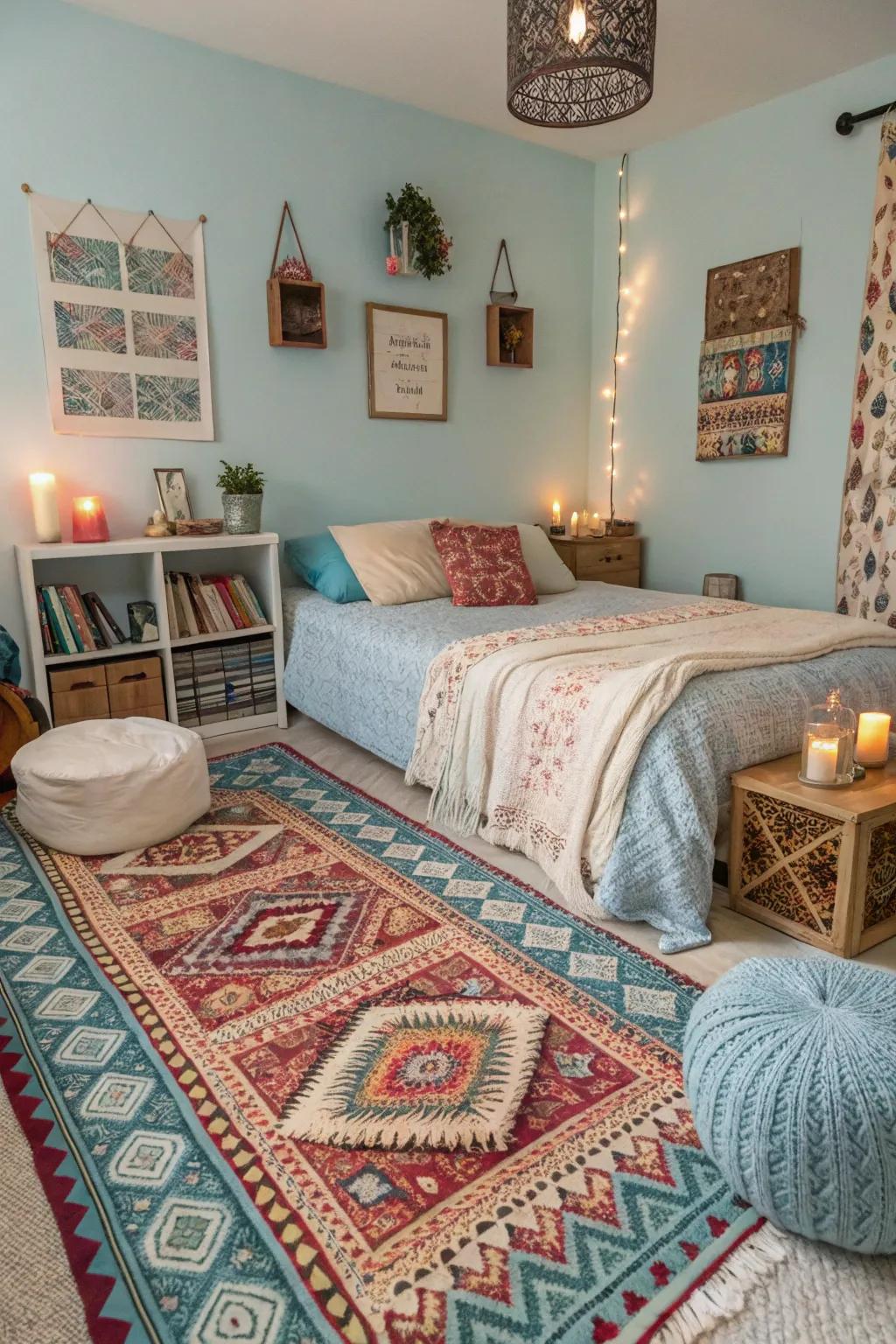 A free-spirited sleeping quarter featuring patterned rugs and sky blue accents, crafting a uniquely artistic ambiance.