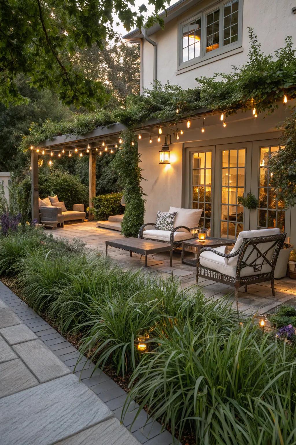 A patio surrounded by ribbon grass, providing a smooth fusion of indoor and outdoor spaces.