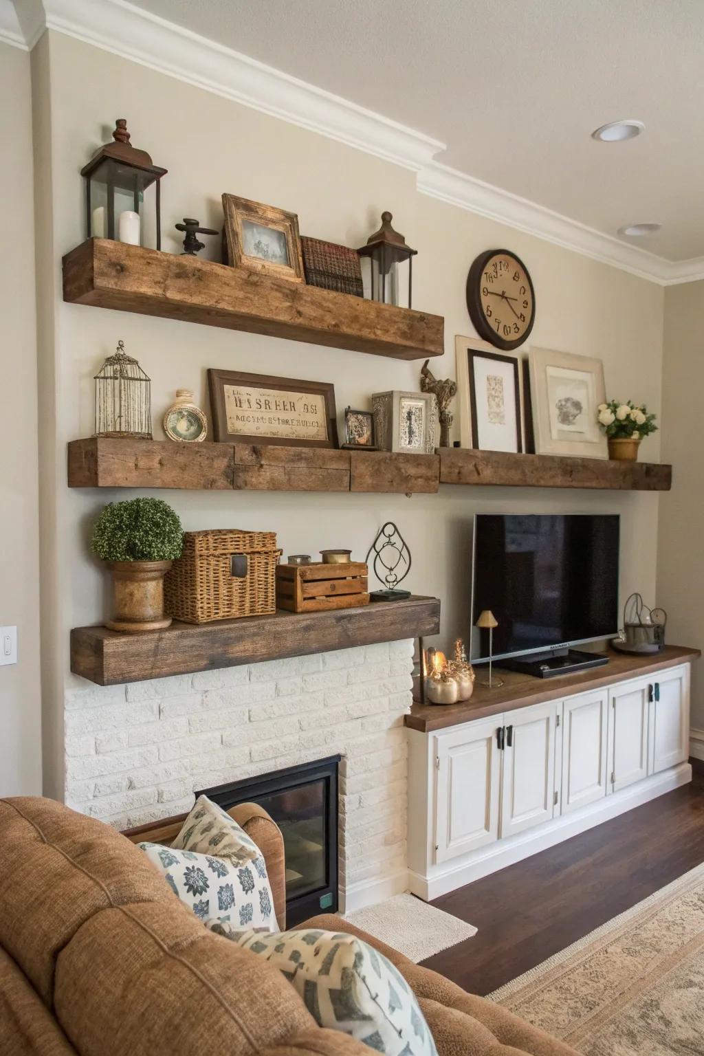 Introduce rustic charm with reclaimed wood shelves.