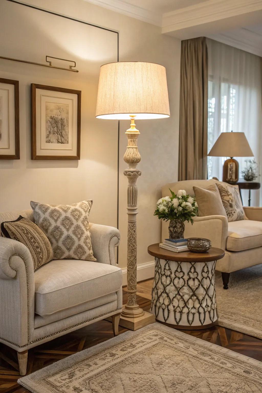 A neutral-toned living room featuring a subtle floor lamp.