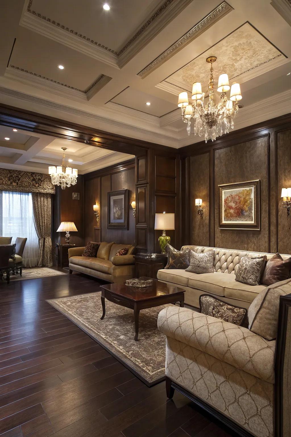 Deep wood shades imbue your living room design with drama and depth.