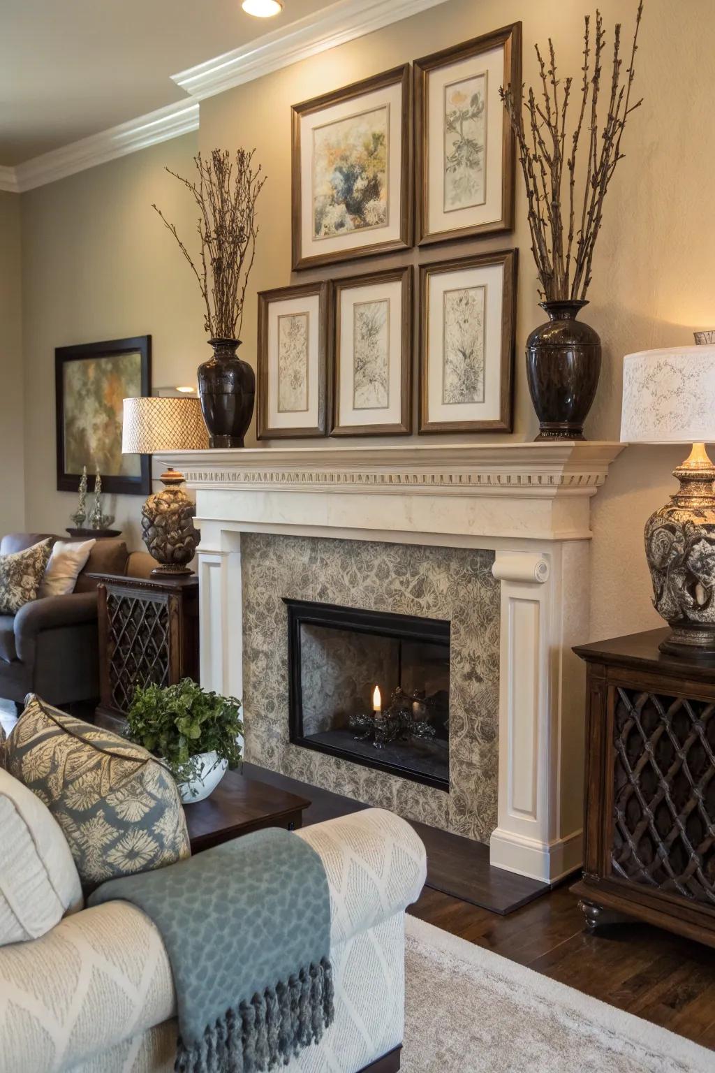 An artfully adorned fireplace mantel adding personal flair.