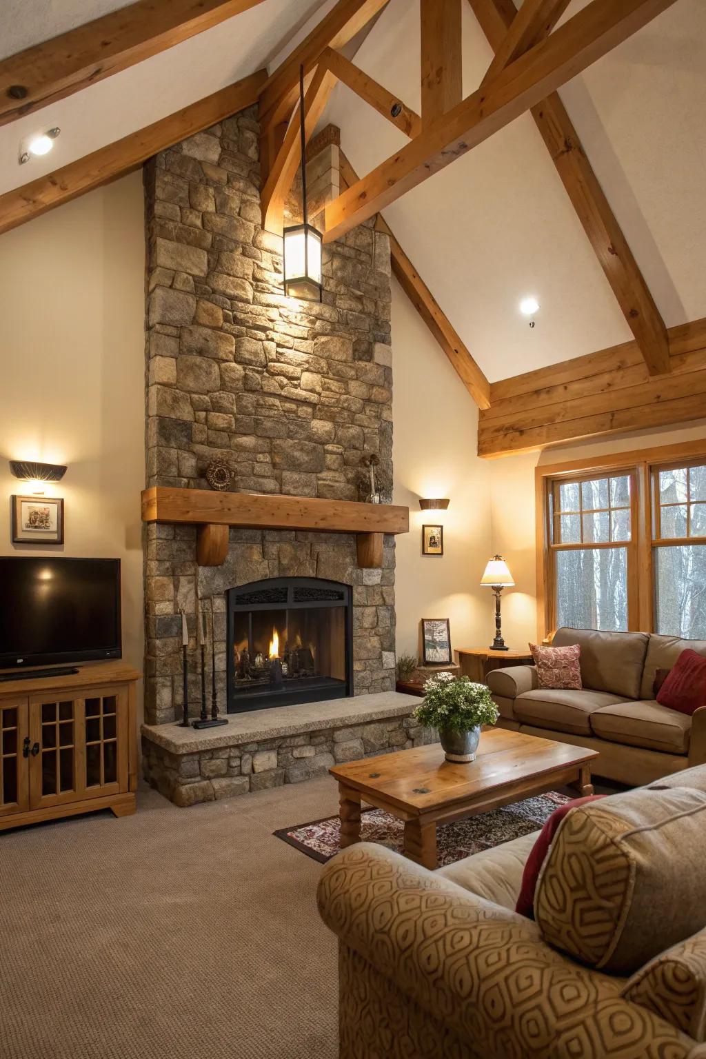 The warmth of your living room is enhanced by the fusion of stone and wood.
