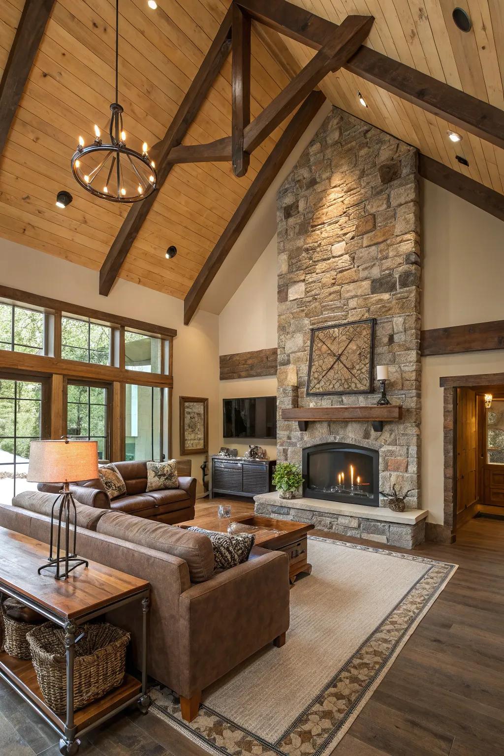 A mix of textures adds depth and visual interest to a vaulted ceiling living room.
