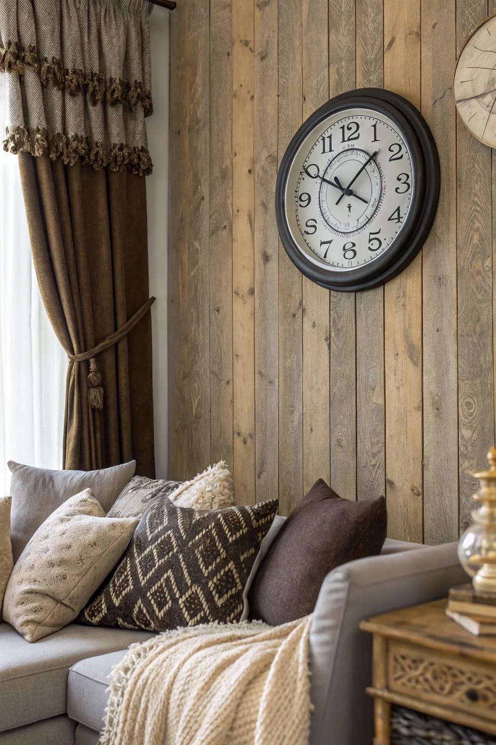 A wall clock on a textured backdrop adds depth and visual interest.