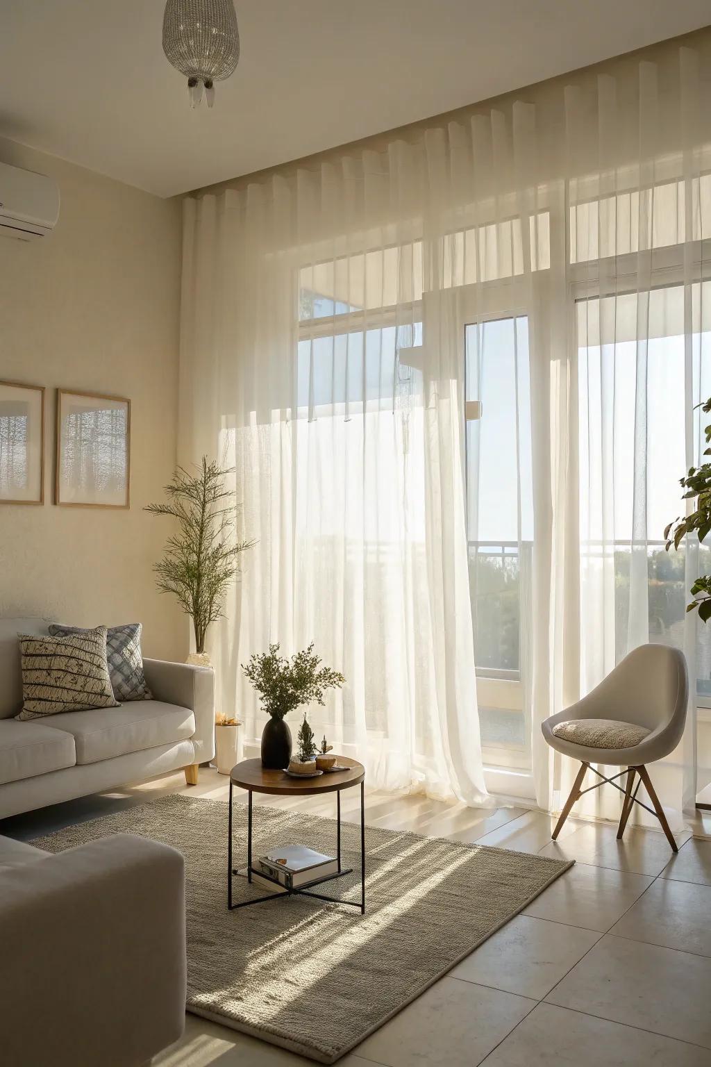 Thin curtains create a gentle, welcoming illumination in the living area.